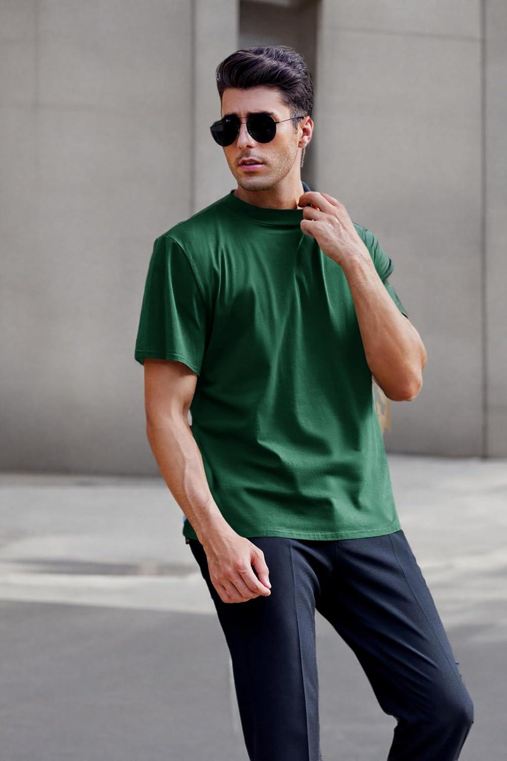 imageMens Mock Turtleneck T Shirts Short Sleeve Cotton Basic Undershirt Relaxed Fit Lightweight Solid Pullover TopsArmy Green