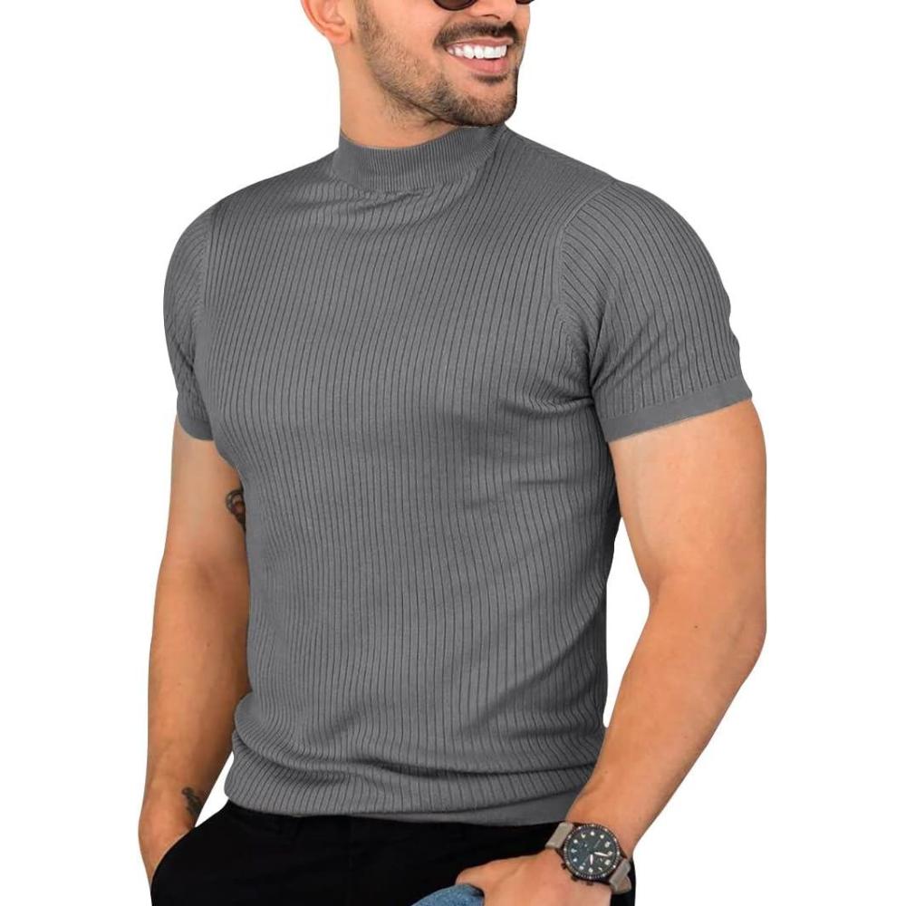 imageMens Casual Slim Fit Basic Tops Short Sleeve Shirt Turtleneck T Shirts Rib Knitted Stretch Pullover Sweater01 Gray