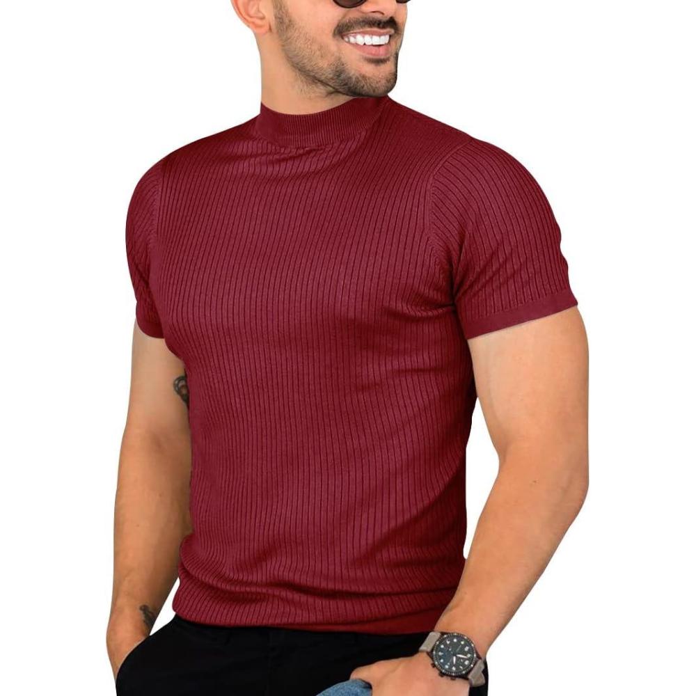 imageMens Casual Slim Fit Basic Tops Short Sleeve Shirt Turtleneck T Shirts Rib Knitted Stretch Pullover Sweater01 Wine Red