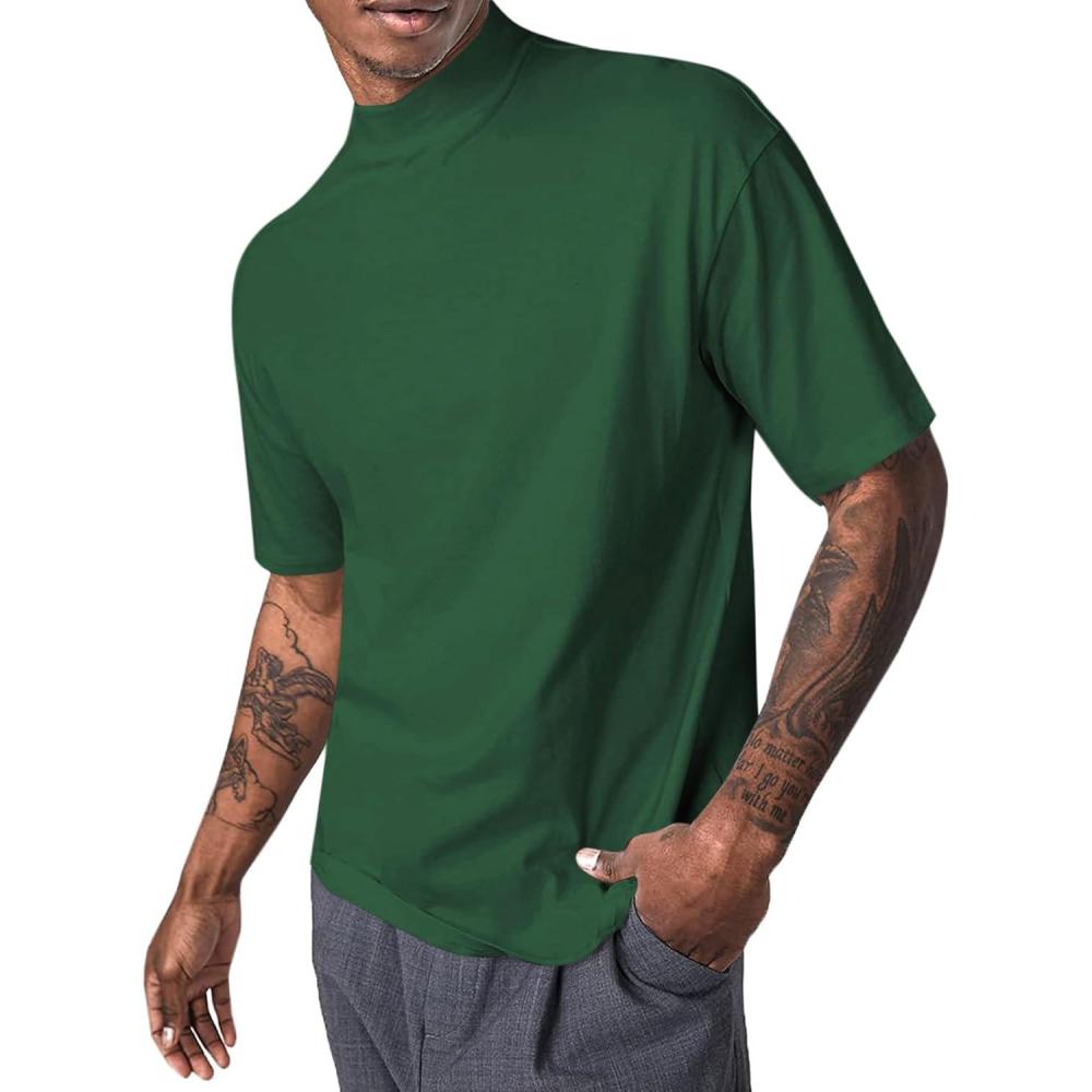 imageMens Mock Turtleneck T Shirts Short Sleeve Cotton Basic Undershirt Relaxed Fit Lightweight Solid Pullover TopsArmy Green