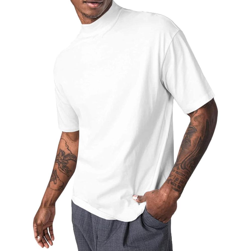 imageMens Mock Turtleneck T Shirts Short Sleeve Cotton Basic Undershirt Relaxed Fit Lightweight Solid Pullover TopsWhite