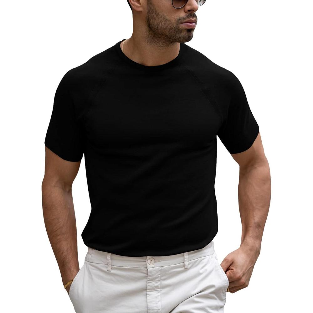 imageRuncati Mens Casual T Shirt Stretch Short Sleeve Knit Slim Fit Crew Neck Pullover Sweater Solid Basic TopsBlack