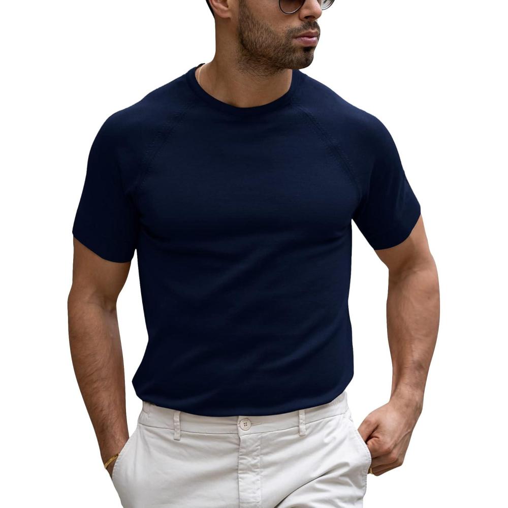 imageRuncati Mens Casual T Shirt Stretch Short Sleeve Knit Slim Fit Crew Neck Pullover Sweater Solid Basic TopsNavy