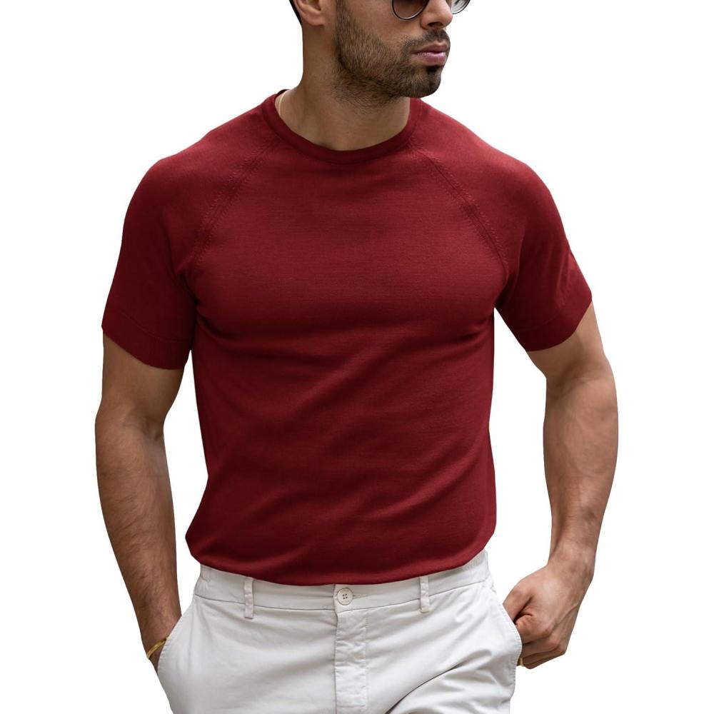 imageRuncati Mens Casual T Shirt Stretch Short Sleeve Knit Slim Fit Crew Neck Pullover Sweater Solid Basic TopsWine Red