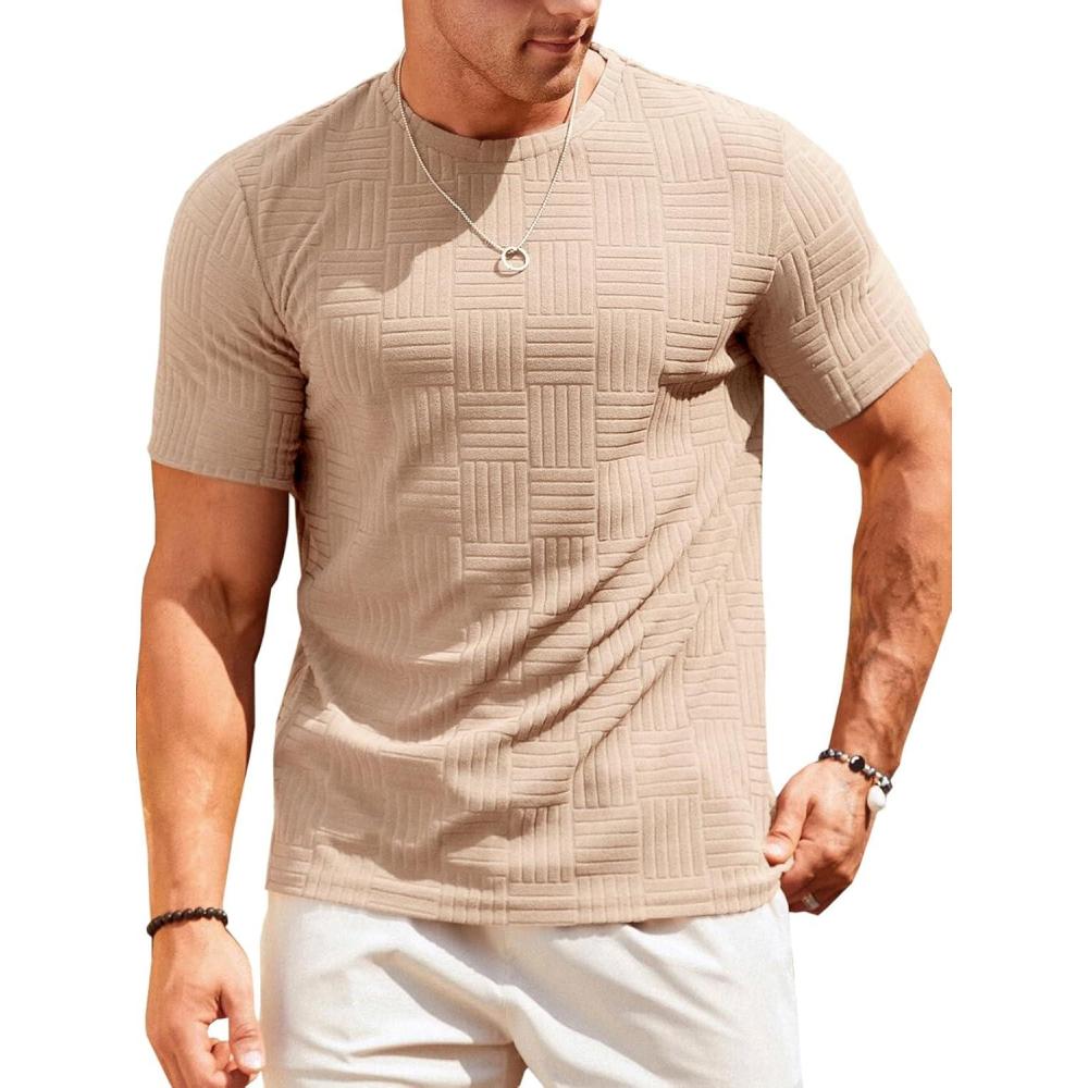 imageRuncati Mens Casual TShirts Short Sleeve Crew Neck Summer Stretchy Shirt Textured Jacquard TopsLight Khaki