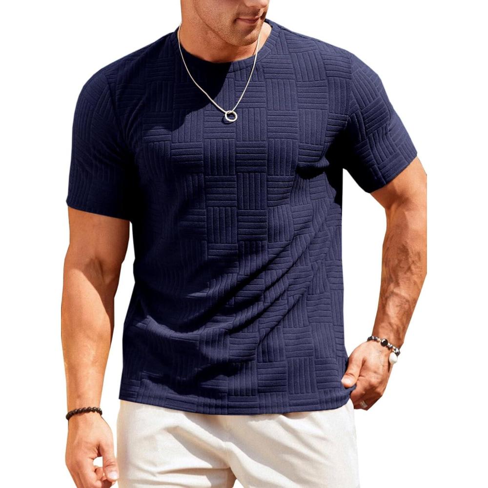 imageRuncati Mens Casual TShirts Short Sleeve Crew Neck Summer Stretchy Shirt Textured Jacquard TopsNavy