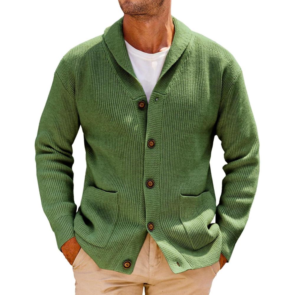 imageRuncati Mens Shawl Collar Cardigan Sweater Cable Knit Button Down Winter Chunky Sweaters with PocketsArmy Green