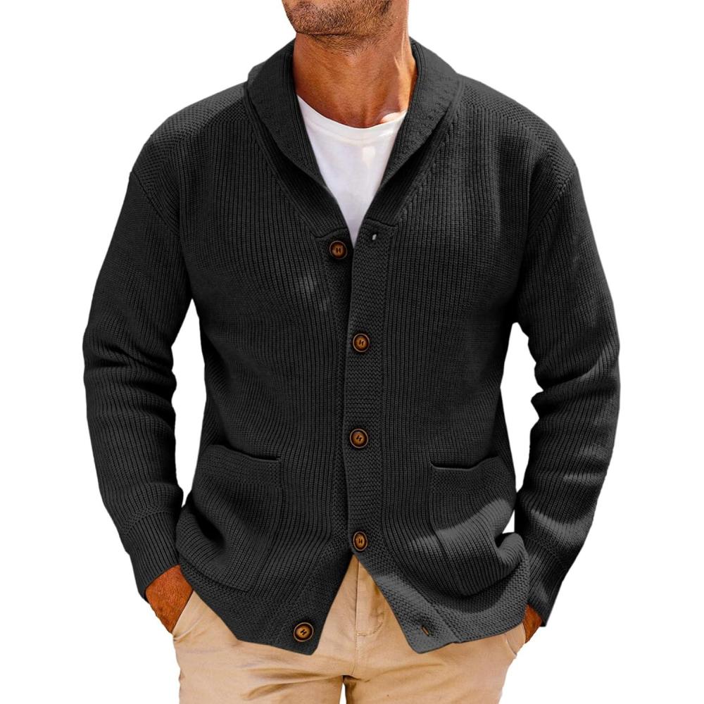 imageRuncati Mens Shawl Collar Cardigan Sweater Cable Knit Button Down Winter Chunky Sweaters with PocketsBlack