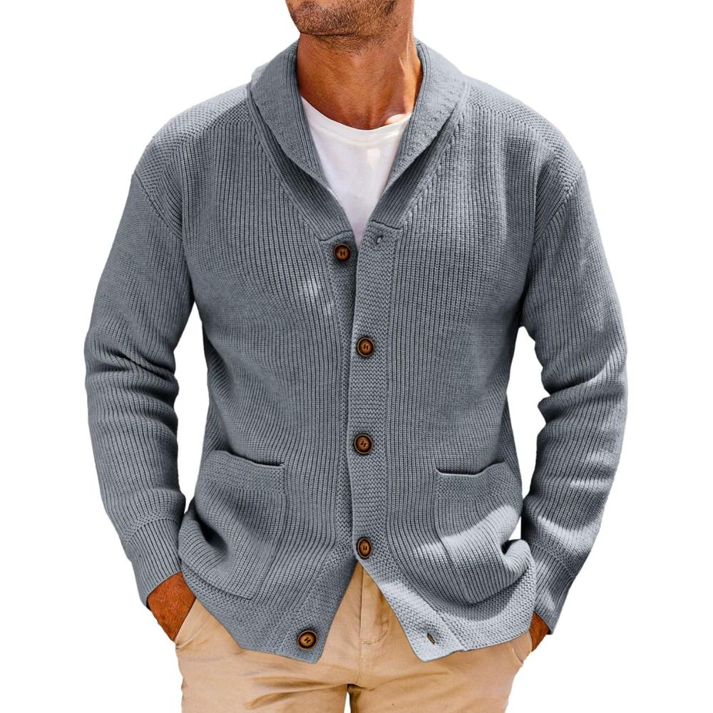 imageRuncati Mens Shawl Collar Cardigan Sweater Cable Knit Button Down Winter Chunky Sweaters with PocketsGray