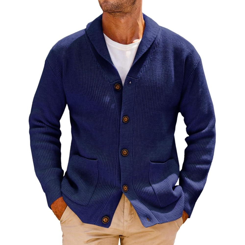 imageRuncati Mens Shawl Collar Cardigan Sweater Cable Knit Button Down Winter Chunky Sweaters with PocketsNavy