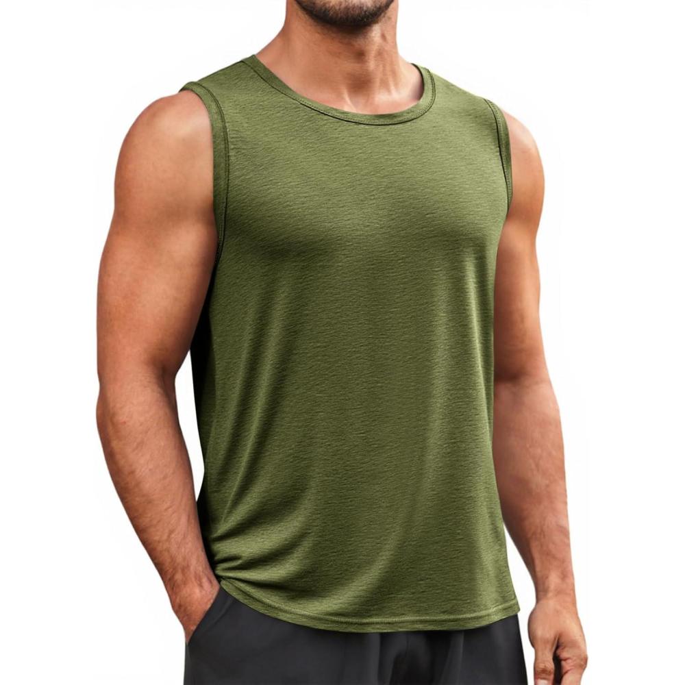 imageRuncati Mens Sleeveless Tank Tops Workout Cut Off Shirt Muscle Athletic Gym Summer Beach T ShirtsArmy Green