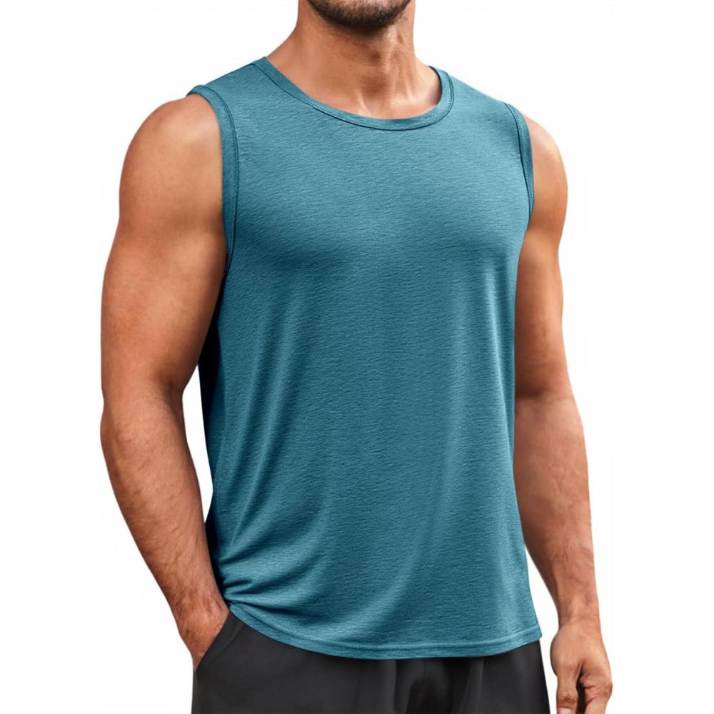 imageRuncati Mens Sleeveless Tank Tops Workout Cut Off Shirt Muscle Athletic Gym Summer Beach T ShirtsLake Blue