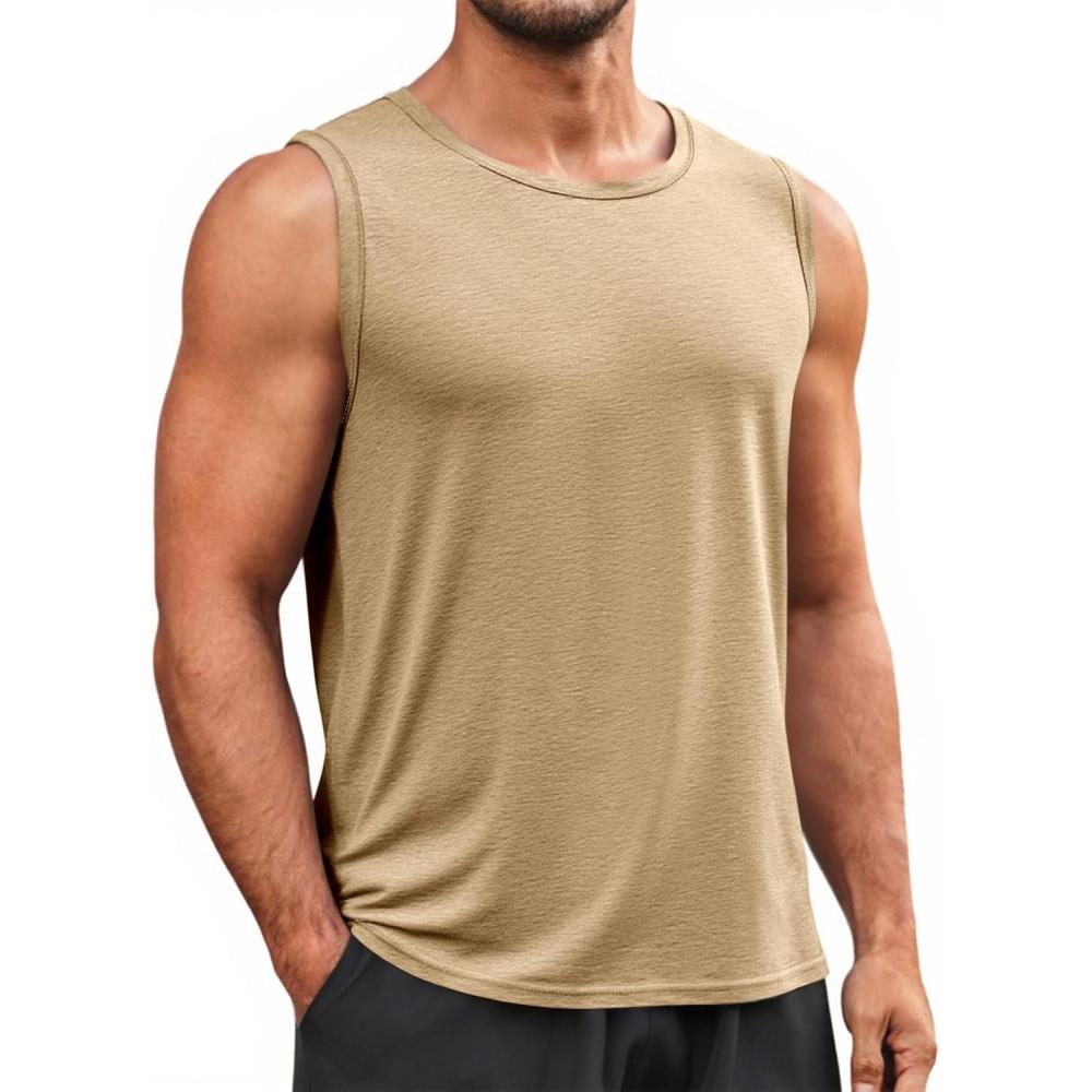 imageRuncati Mens Sleeveless Tank Tops Workout Cut Off Shirt Muscle Athletic Gym Summer Beach T ShirtsLight Khaki