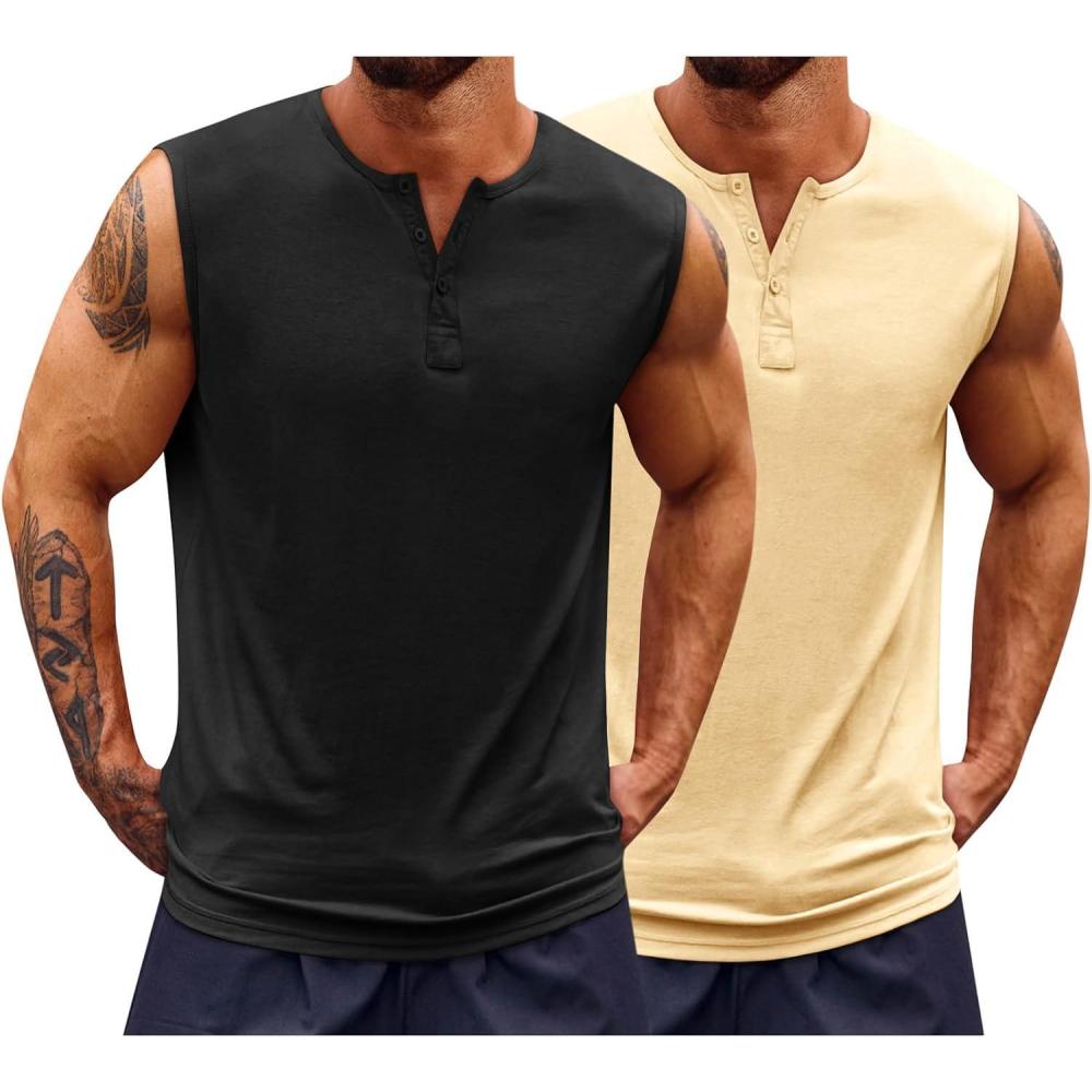 imageRuncati Mens Muscle Tank Tops Sleeveless Workout Gym Slim Fit Henley Shirt Casual Basic Summer Beach TopsBlackApricot