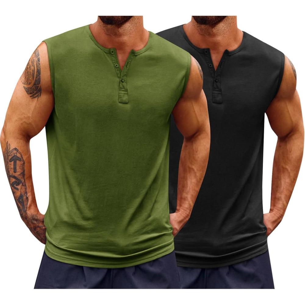 imageRuncati Mens Muscle Tank Tops Sleeveless Workout Gym Slim Fit Henley Shirt Casual Basic Summer Beach TopsBlackArmy Green
