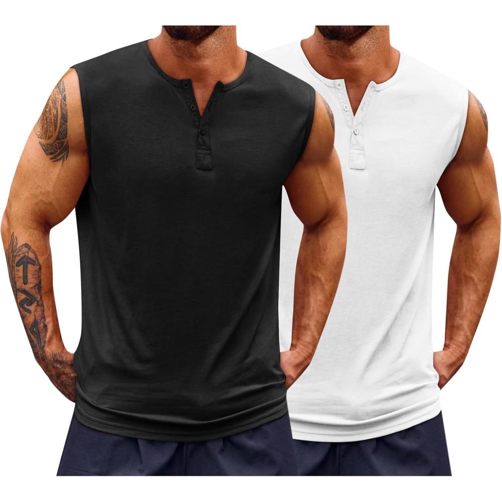 imageRuncati Mens Muscle Tank Tops Sleeveless Workout Gym Slim Fit Henley Shirt Casual Basic Summer Beach TopsBlackWhite