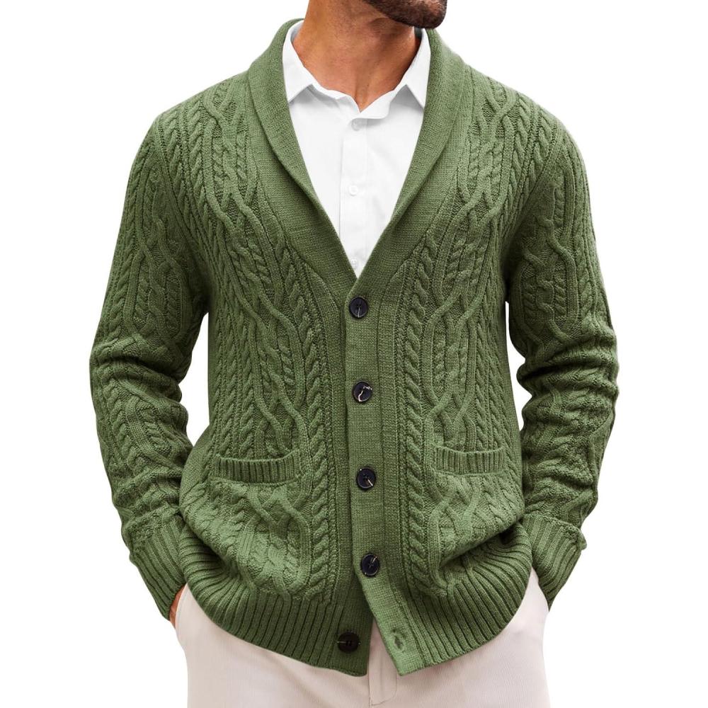 imageRuncati Mens Shawl Collar Cardigan Sweater Casual Cable Knit Button Down Winter Chunky Ribbed SweatersArmy Green