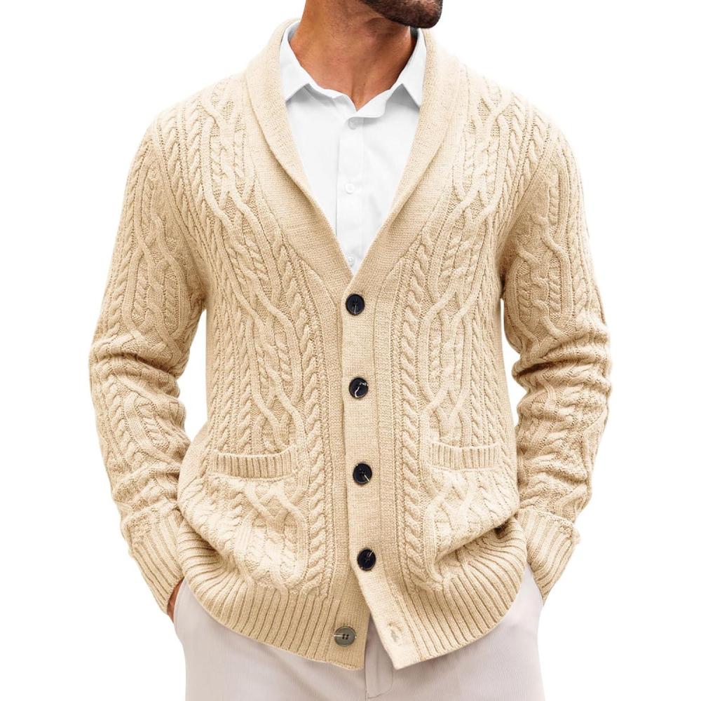 imageRuncati Mens Shawl Collar Cardigan Sweater Casual Cable Knit Button Down Winter Chunky Ribbed SweatersBeige