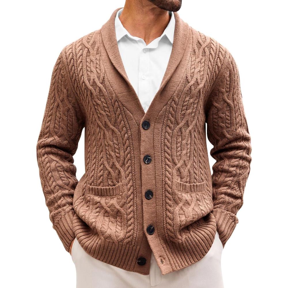 imageRuncati Mens Shawl Collar Cardigan Sweater Casual Cable Knit Button Down Winter Chunky Ribbed SweatersBrown