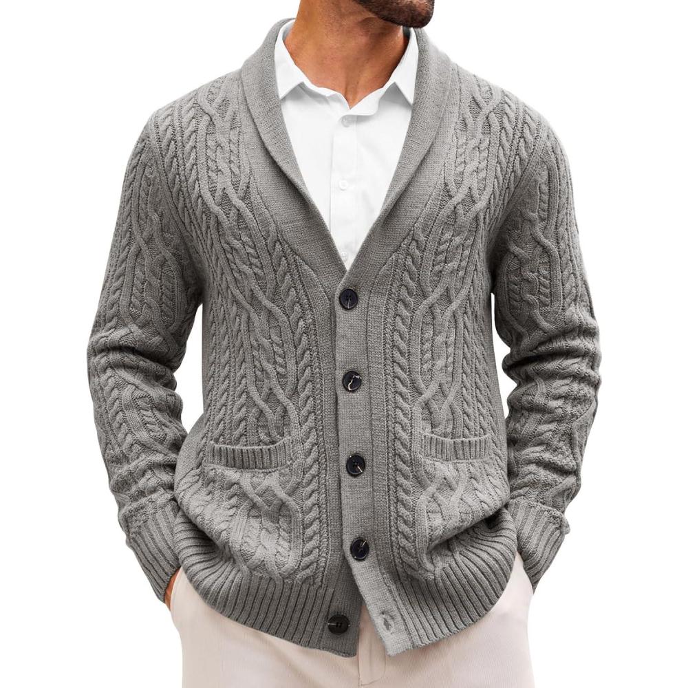 imageRuncati Mens Shawl Collar Cardigan Sweater Casual Cable Knit Button Down Winter Chunky Ribbed SweatersGray