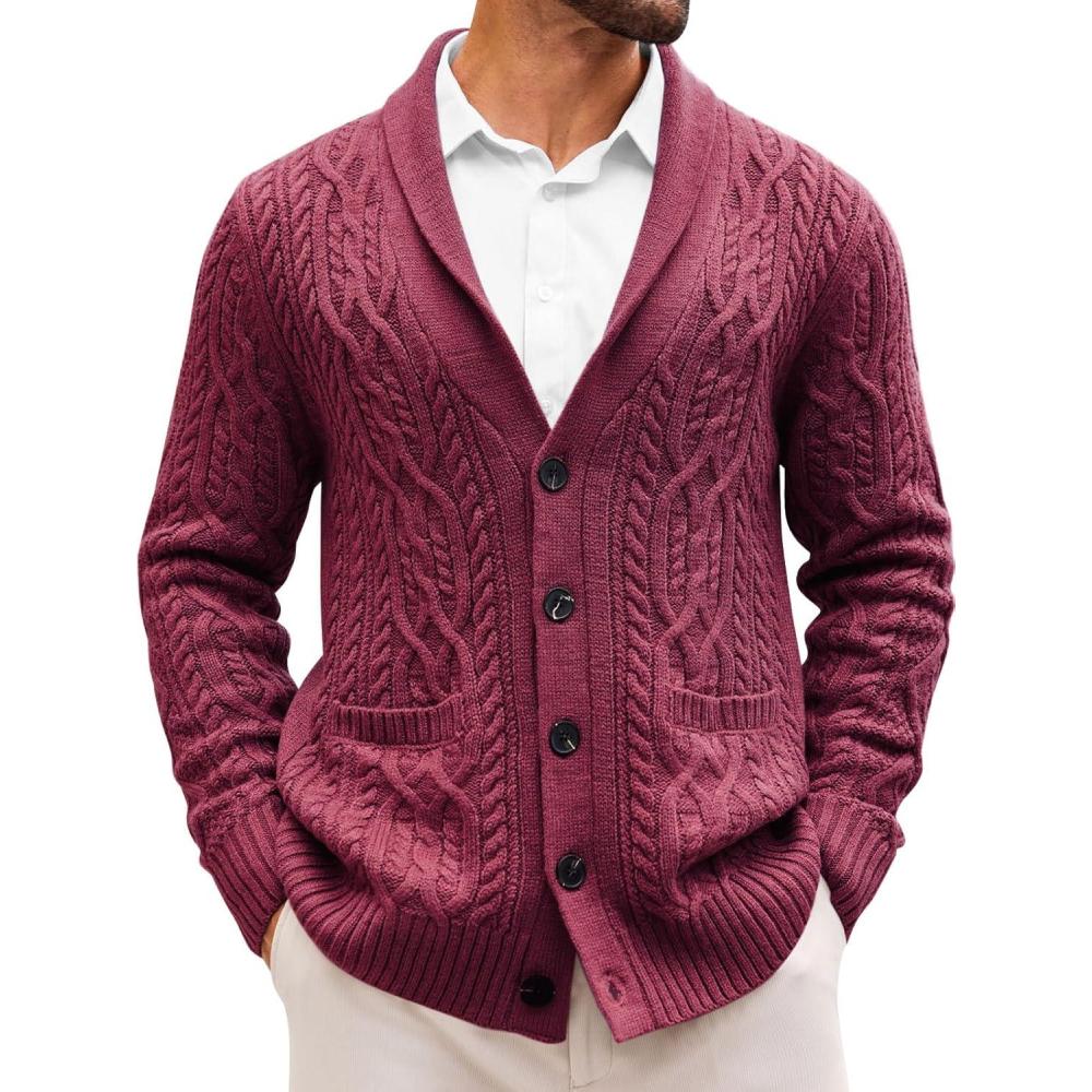 imageRuncati Mens Shawl Collar Cardigan Sweater Casual Cable Knit Button Down Winter Chunky Ribbed SweatersWine Red