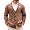 Runcati Mens Shawl Collar Cardigan Sweater Casual Cable Knit Button Down Winter Chunky Ribbed Sweaters(Brown)