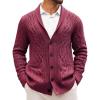 Runcati Mens Shawl Collar Cardigan Sweater Casual Cable Knit Button Down Winter Chunky Ribbed Sweaters(Wine Red)