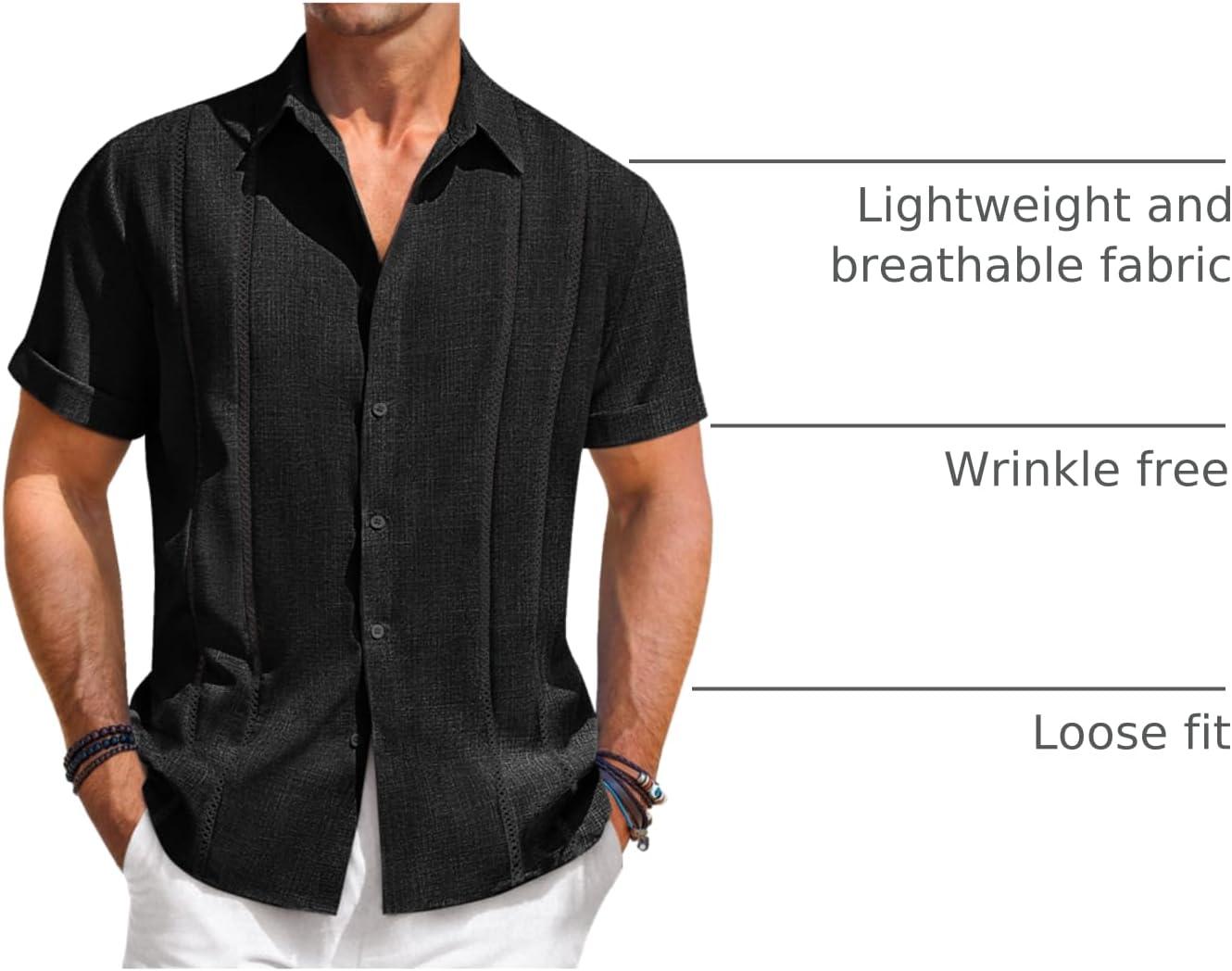 imageRuncati Mens Guayabera Shirts Short Sleeve Casual Cuban Linen Shirt Button Down Beach Summer Mexican ShirtsBlack