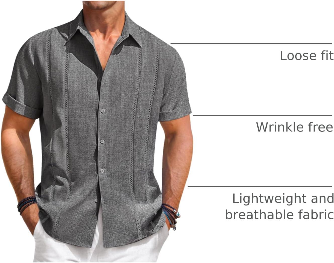 imageRuncati Mens Guayabera Shirts Short Sleeve Casual Cuban Linen Shirt Button Down Beach Summer Mexican ShirtsDark Grey