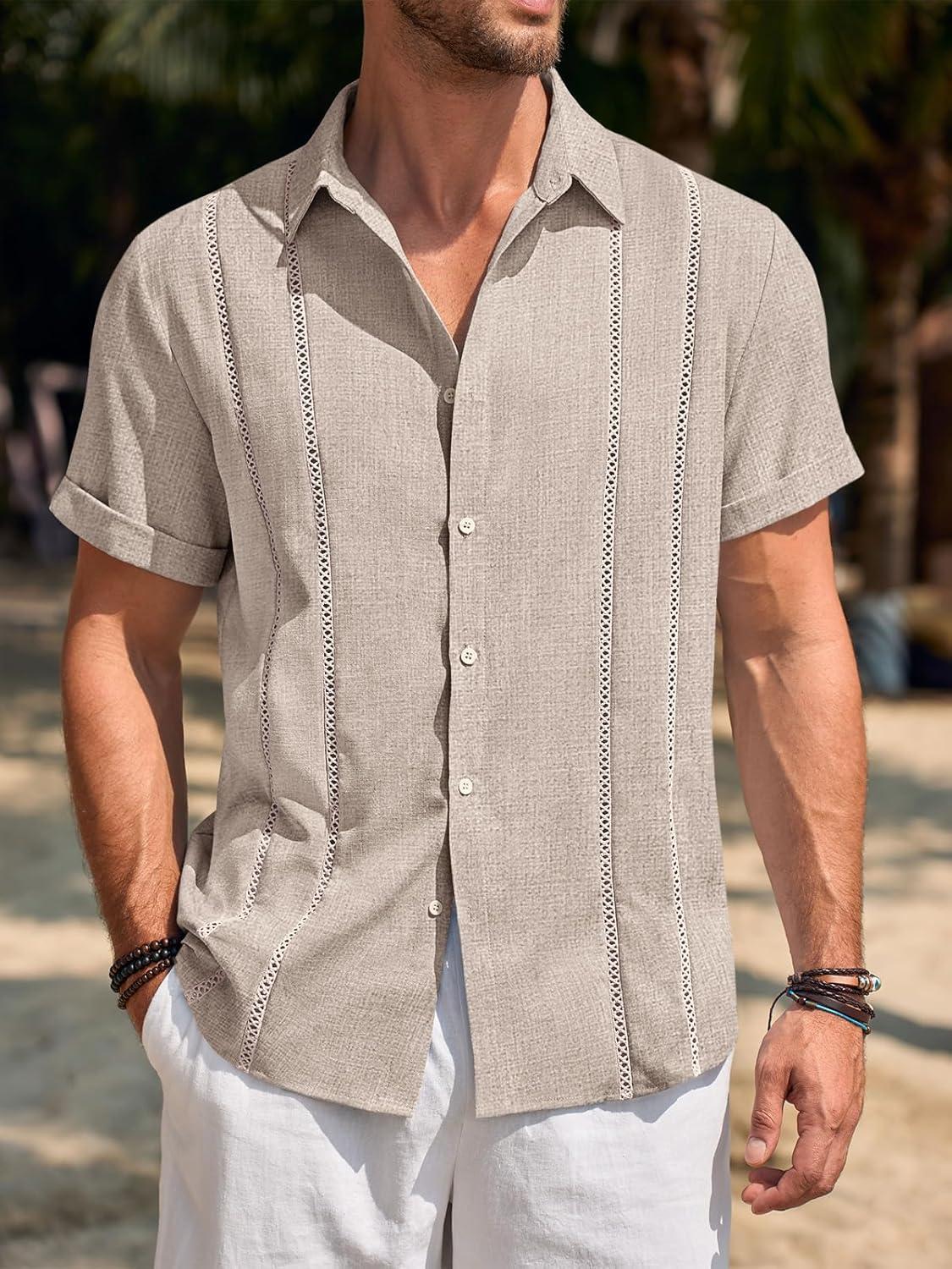 imageRuncati Mens Guayabera Shirts Short Sleeve Casual Cuban Linen Shirt Button Down Beach Summer Mexican ShirtsLight Khaki