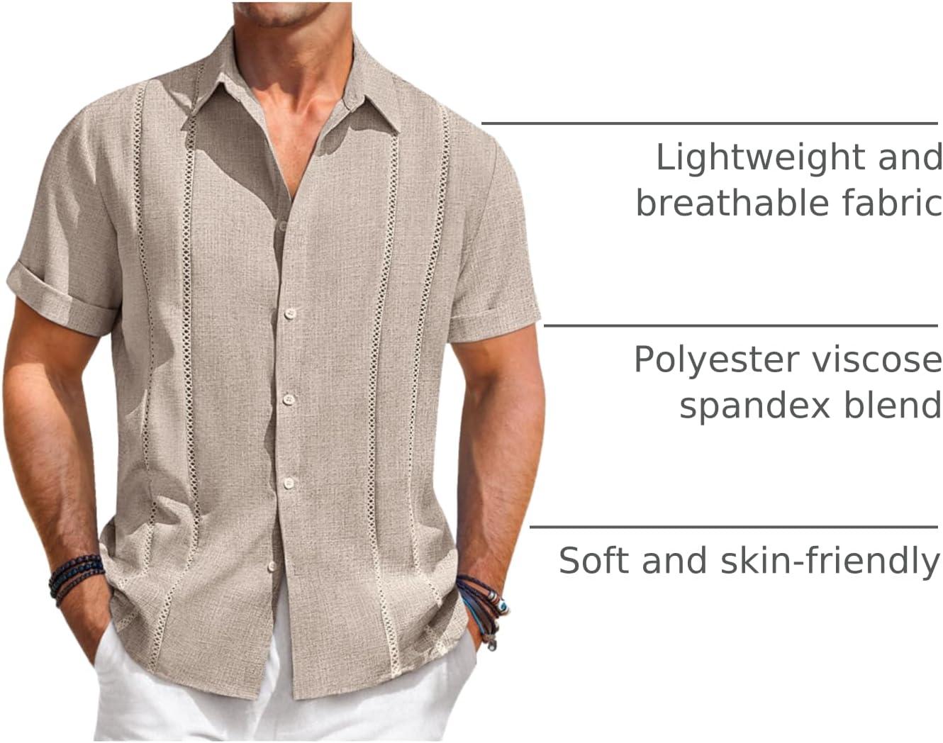 imageRuncati Mens Guayabera Shirts Short Sleeve Casual Cuban Linen Shirt Button Down Beach Summer Mexican ShirtsLight Khaki