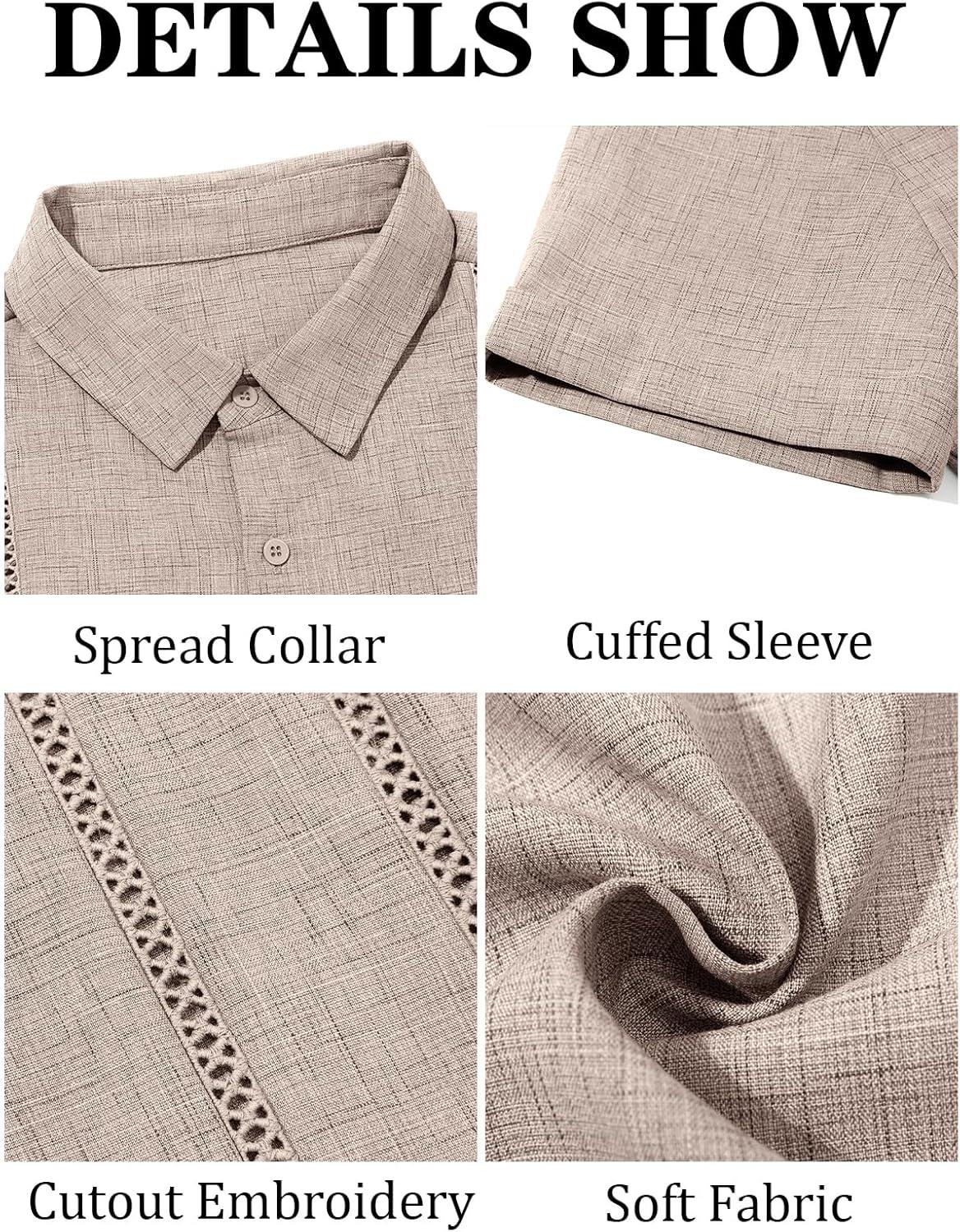 imageRuncati Mens Guayabera Shirts Short Sleeve Casual Cuban Linen Shirt Button Down Beach Summer Mexican ShirtsLight Khaki