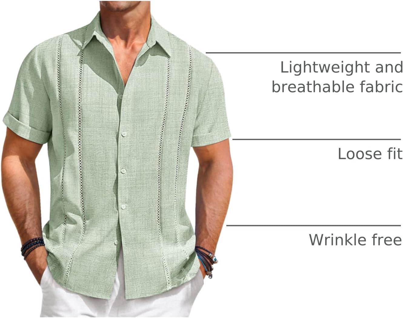 imageRuncati Mens Guayabera Shirts Short Sleeve Casual Cuban Linen Shirt Button Down Beach Summer Mexican ShirtsOlive Green