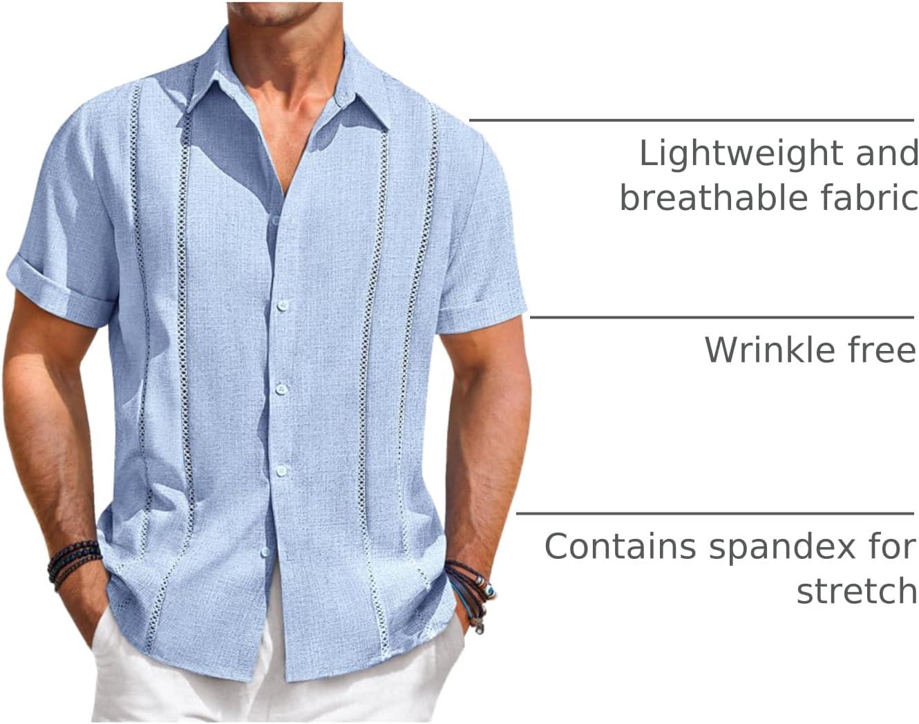 imageRuncati Mens Guayabera Shirts Short Sleeve Casual Cuban Linen Shirt Button Down Beach Summer Mexican ShirtsSky Blue