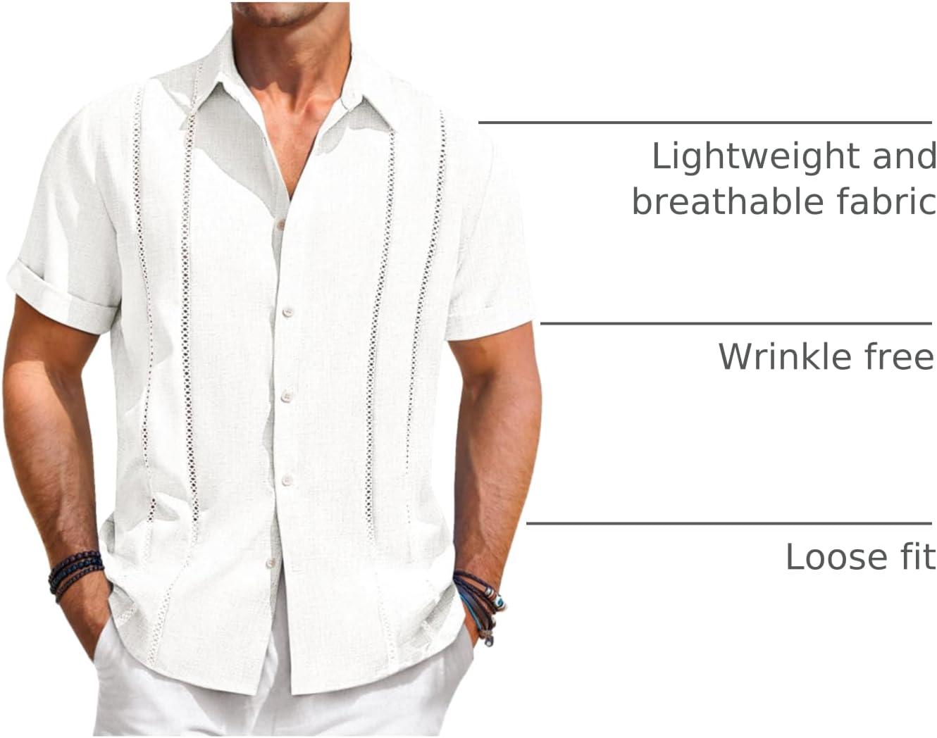 imageRuncati Mens Guayabera Shirts Short Sleeve Casual Cuban Linen Shirt Button Down Beach Summer Mexican ShirtsWhite