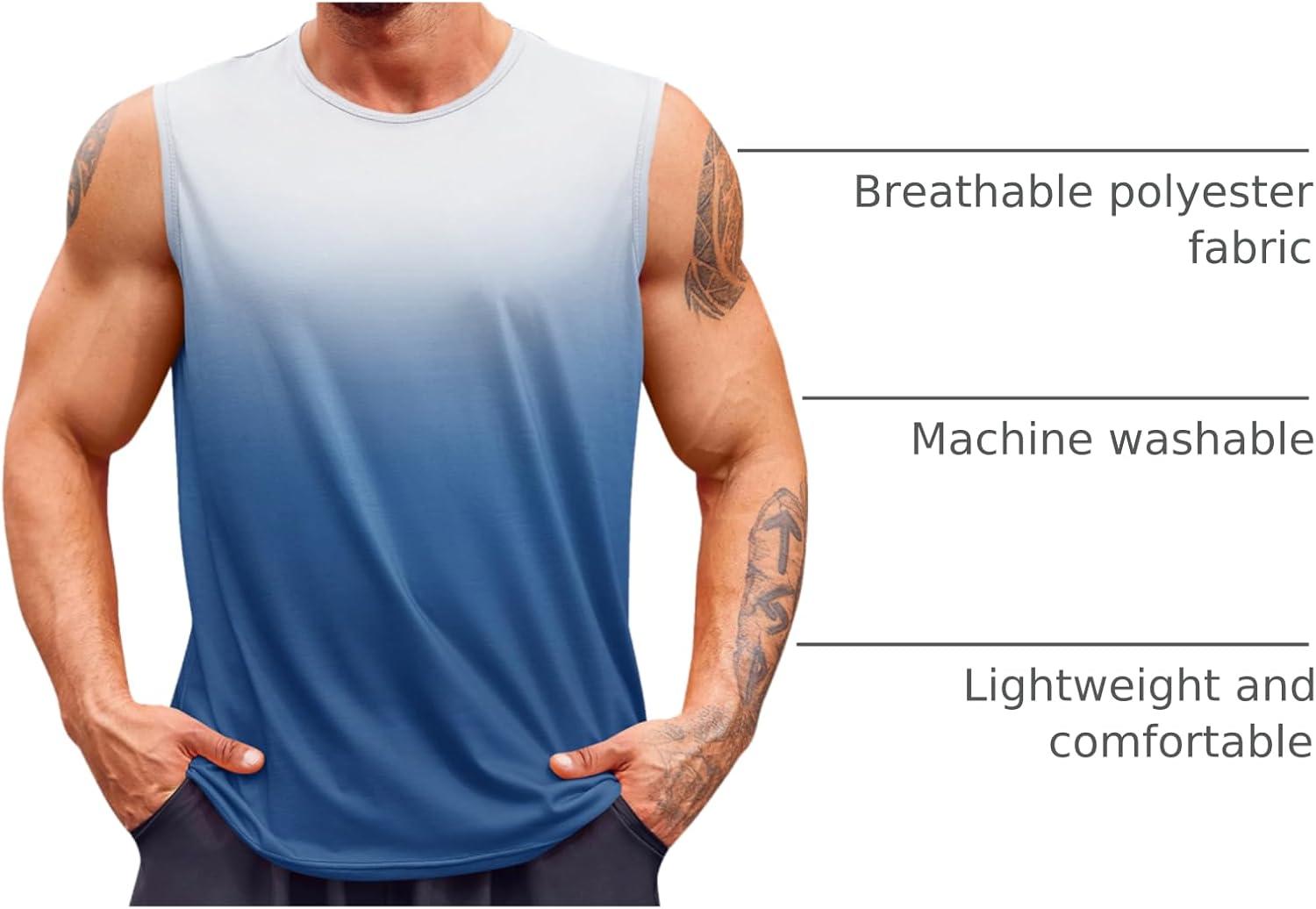 imageRuncati Mens Sleeveless Tank Tops Workout Muscle Gym T Shirts Crew Neck Gradient Tee TopsLight Blue