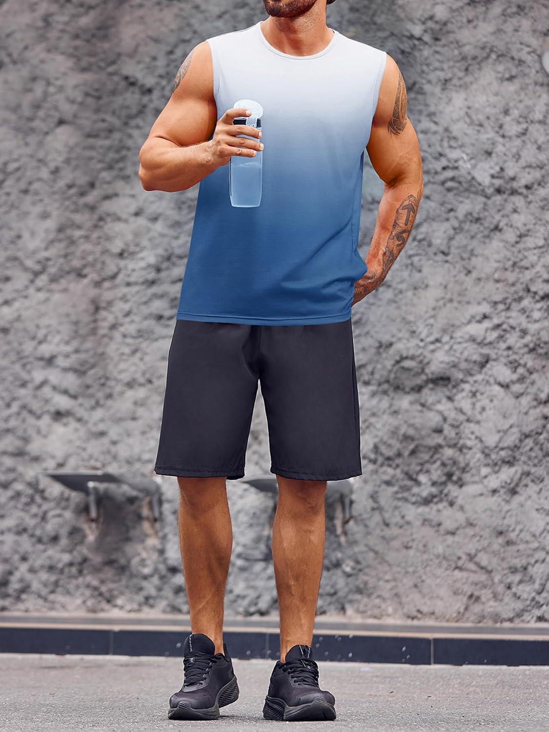 imageRuncati Mens Sleeveless Tank Tops Workout Muscle Gym T Shirts Crew Neck Gradient Tee TopsLight Blue
