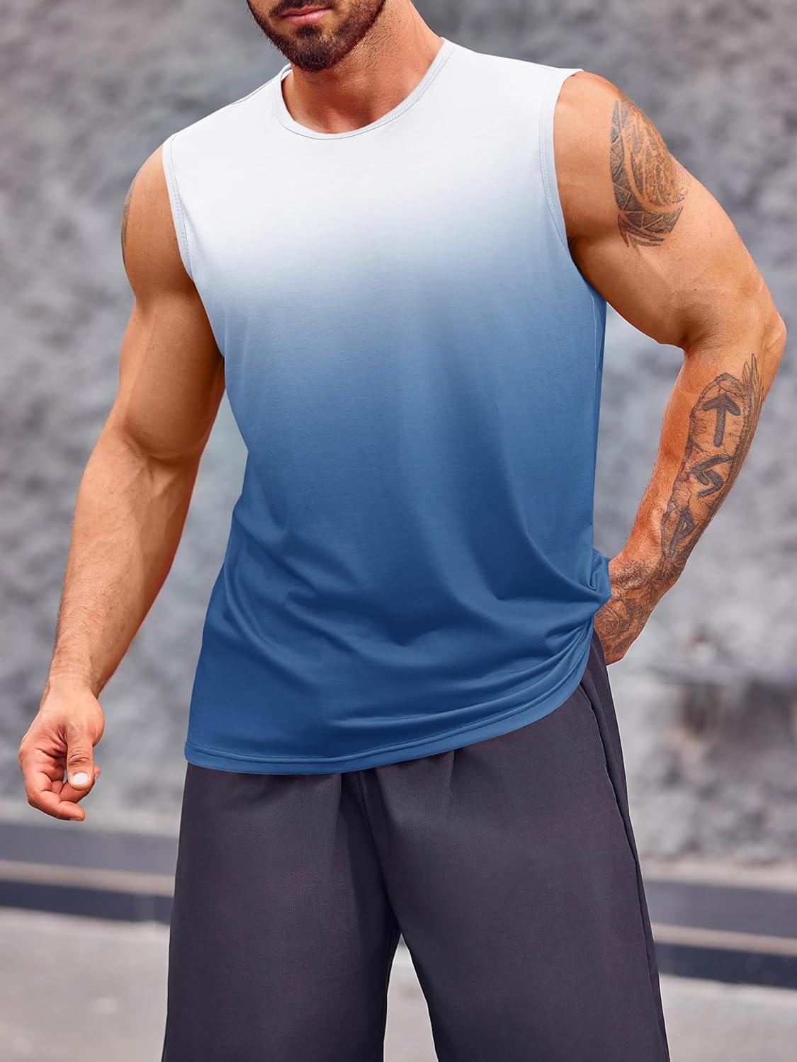 imageRuncati Mens Sleeveless Tank Tops Workout Muscle Gym T Shirts Crew Neck Gradient Tee TopsLight Blue