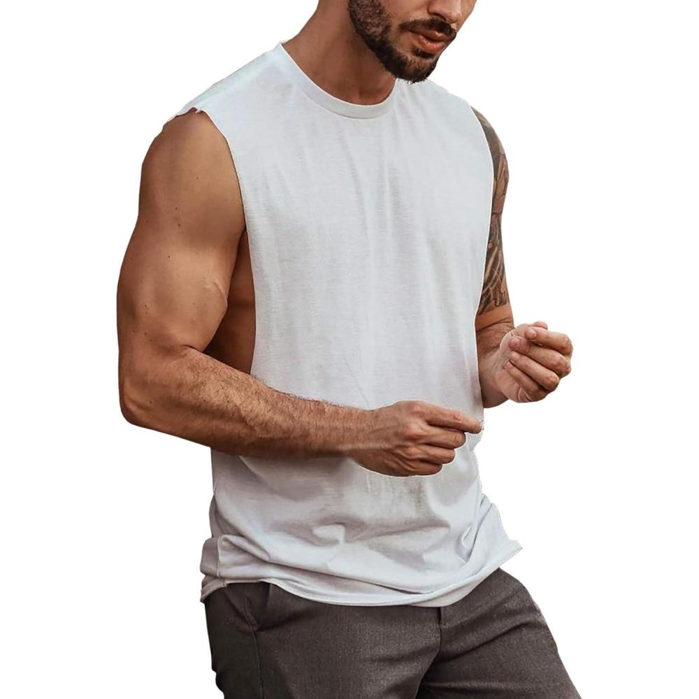 imageMens Workout Cut Off Shirts Perfect Muscle Shirt Bodybuilding Tak Tops Sleeveless Gym T ShirtsWhite