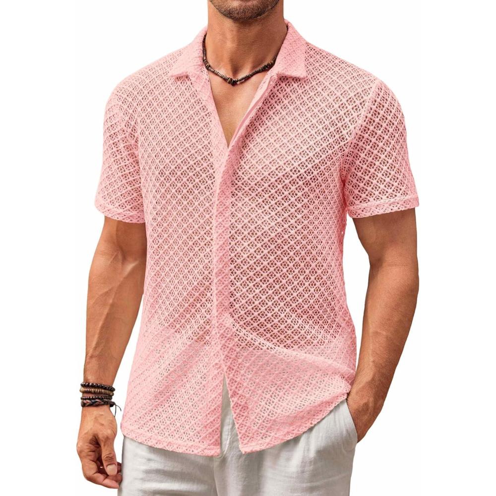 imageRuncati Mens Button Down Knit Shirt Short Sleeve Crochet Shirts Casual Hollow Out Summer Beach Vacation TopsPink