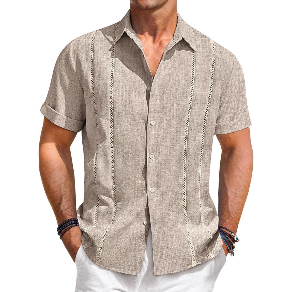 imageRuncati Mens Guayabera Shirts Short Sleeve Casual Cuban Linen Shirt Button Down Beach Summer Mexican ShirtsLight Khaki