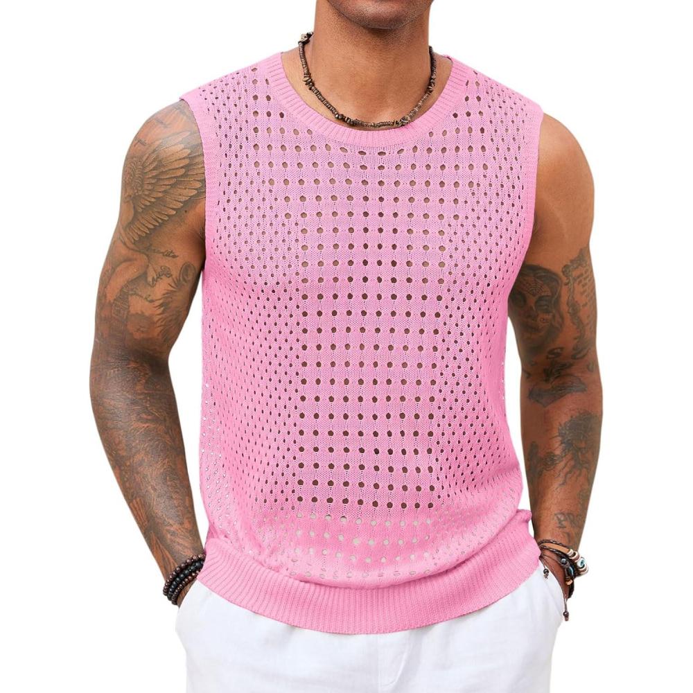 imageRuncati Mens Knit Sleeveless Tank Tops Casual Hollow Out T Shirts Beach Summer See Through TopsPink