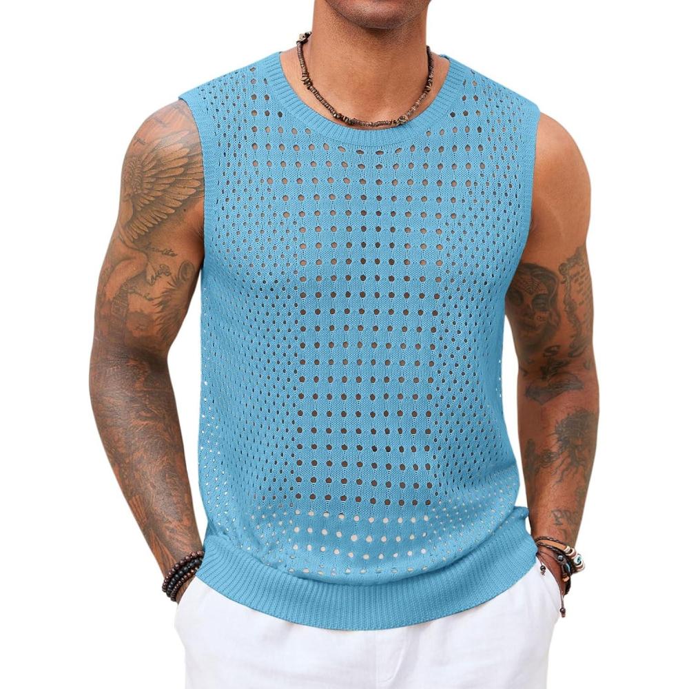 imageRuncati Mens Knit Sleeveless Tank Tops Casual Hollow Out T Shirts Beach Summer See Through TopsSky Blue