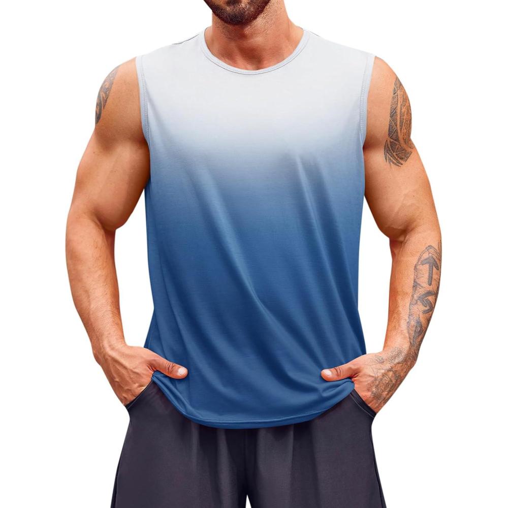 imageRuncati Mens Sleeveless Tank Tops Workout Muscle Gym T Shirts Crew Neck Gradient Tee TopsLight Blue