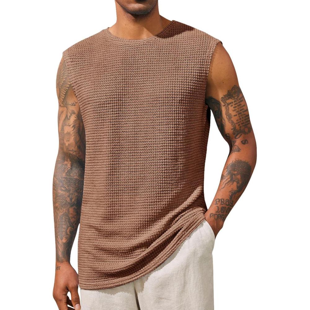 imageRuncati Mens Waffle Tank Tops Sleeveless TShirts Athletic Muscle Summer Beach Hippie ShirtsCoffee