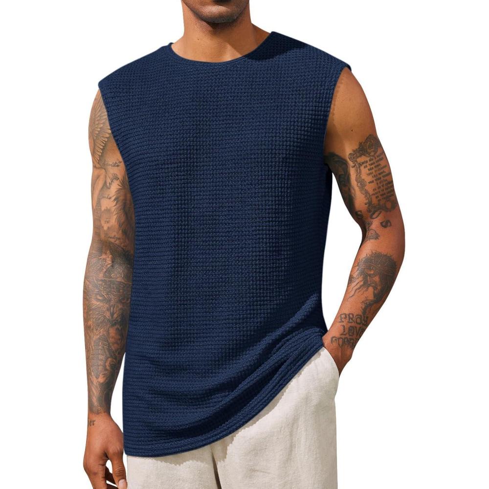 imageRuncati Mens Waffle Tank Tops Sleeveless TShirts Athletic Muscle Summer Beach Hippie ShirtsNavy