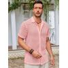 Runcati Mens Button Down Knit Shirt Short Sleeve Crochet Shirts Casual Hollow Out Summer Beach Vacation Tops(Pink)