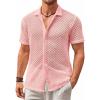 Runcati Mens Button Down Knit Shirt Short Sleeve Crochet Shirts Casual Hollow Out Summer Beach Vacation Tops(Pink)