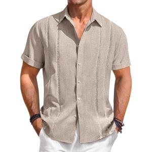 Runcati Mens Guayabera Shirts Short Sleeve Casual Cuban Linen Shirt Button Down Beach Summer Mexican Shirts(Light Khaki)