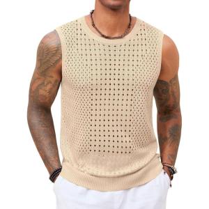 Runcati Mens Knit Sleeveless Tank Tops Casual Hollow Out T Shirts Beach Summer See Through Tops(Light Khaki)